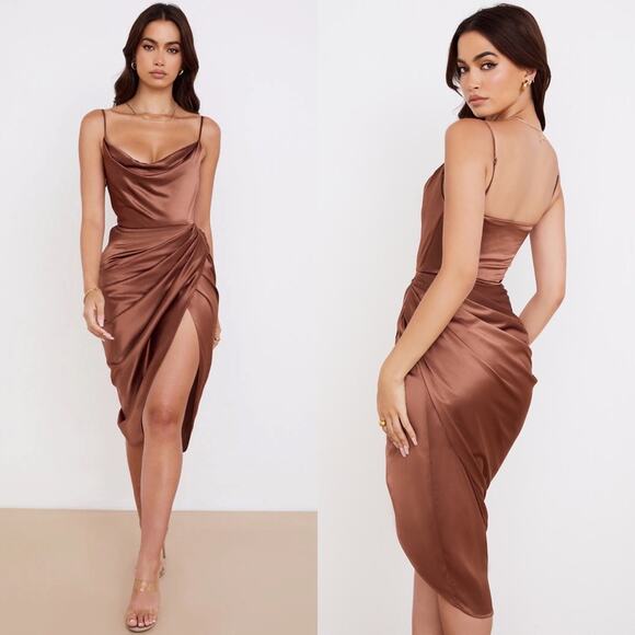 House of CB Satin Reva Sleeveless Toffee Balcony Corset Midi Dress XS - Picture 7 of 9